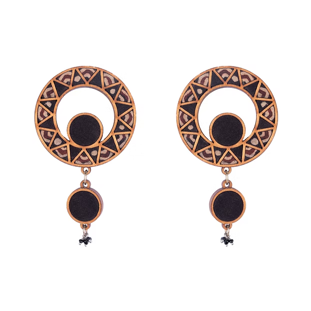 WHE Black Wheel Repurposed Ajrakh Fabric and Wood Earrings