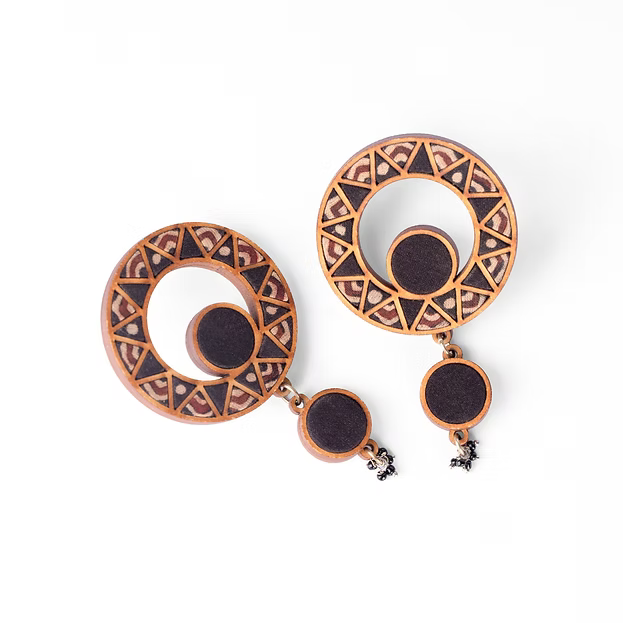 WHE Black Wheel Repurposed Ajrakh Fabric and Wood Earrings