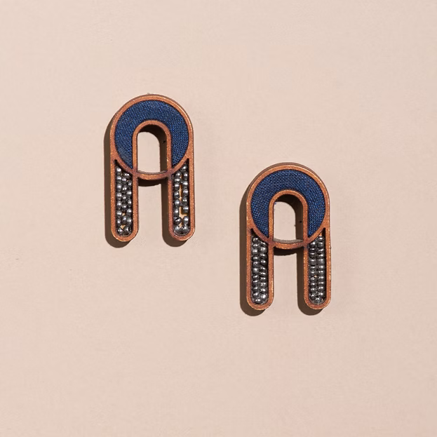 WHE Blue Fabric & Wood Earrings with Glass Beads