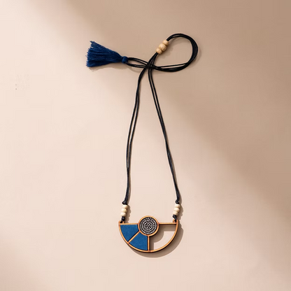 WHE Blue Geometrical Repurposed Fabric & Repurposed Wood Adjustable Pendant Ne