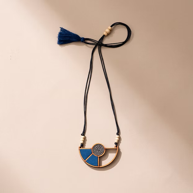 WHE Blue Geometrical Repurposed Fabric & Repurposed Wood Adjustable Pendant Ne