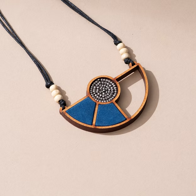 WHE Blue Geometrical Repurposed Fabric & Repurposed Wood Adjustable Pendant Ne