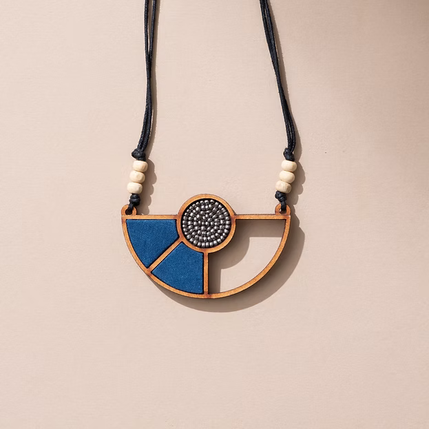 WHE Blue Geometrical Repurposed Fabric & Repurposed Wood Adjustable Pendant Ne