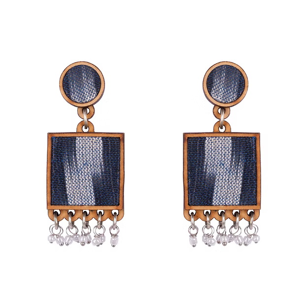 WHE Blue Ikat Fabric and Repurposed Wood Square Danglers