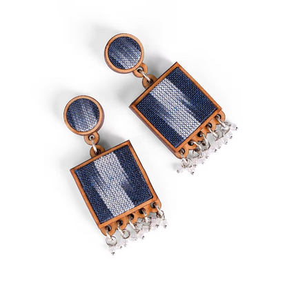 WHE Blue Ikat Fabric and Repurposed Wood Square Danglers