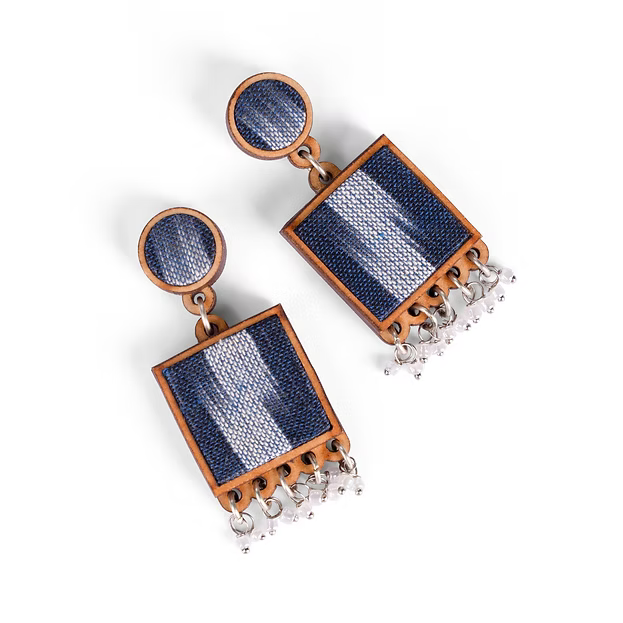 WHE Blue Ikat Fabric and Repurposed Wood Square Danglers
