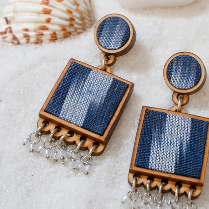 WHE Blue Ikat Fabric and Repurposed Wood Square Danglers