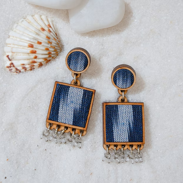WHE Blue Ikat Fabric and Repurposed Wood Square Danglers