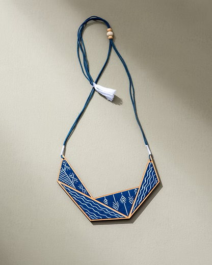 WHE Hand Painted Blue Connecting Triangle Upcycled Fabric & Wood Necklace