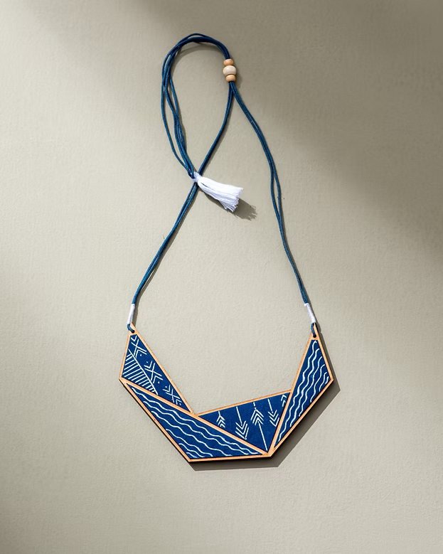 WHE Hand Painted Blue Connecting Triangle Upcycled Fabric & Wood Necklace