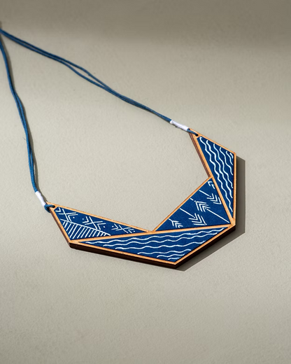 WHE Hand Painted Blue Connecting Triangle Upcycled Fabric & Wood Necklace
