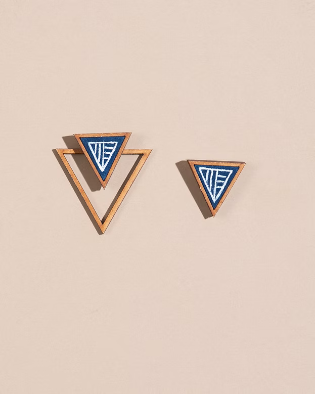 WHE Hand Painted Blue Two Look in One Upcycled Fabric and Repurposed Wood Triang