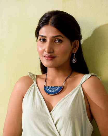 WHE Hand Painted Blue Upcycled Fabric and Repurposed Wood Semi Circle Necklace