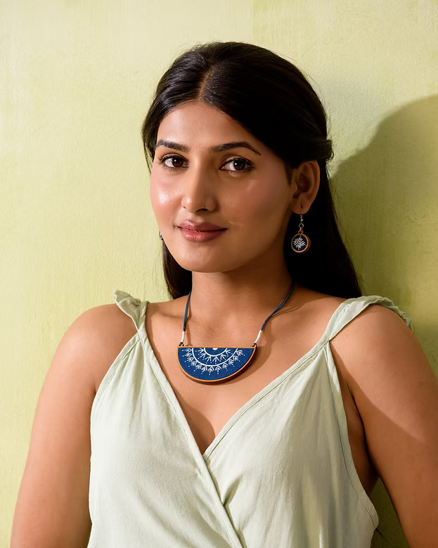 WHE Hand Painted Blue Upcycled Fabric and Repurposed Wood Semi Circle Necklace
