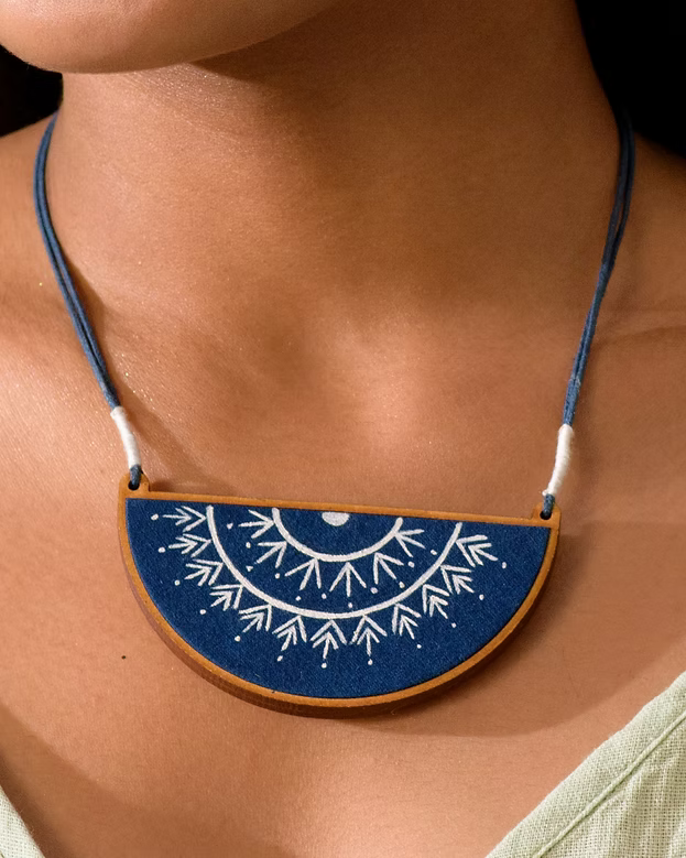 WHE Hand Painted Blue Upcycled Fabric and Repurposed Wood Semi Circle Necklace