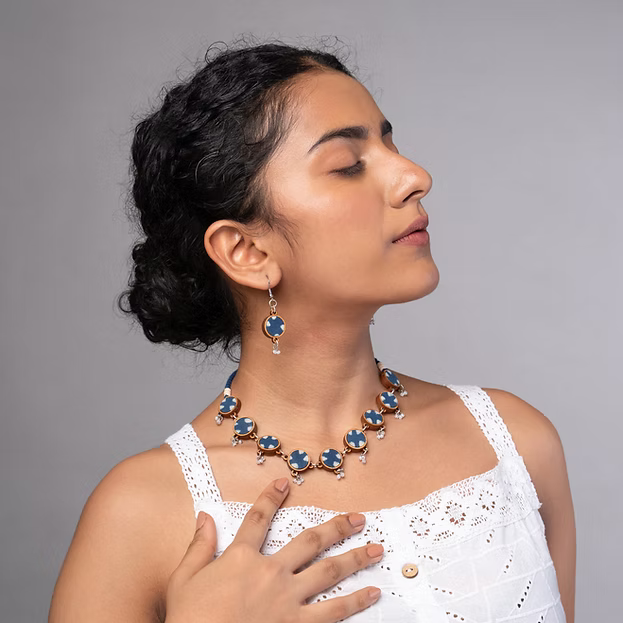 WHE Indigo Blue Fabric and Repurposed Wood Danglers