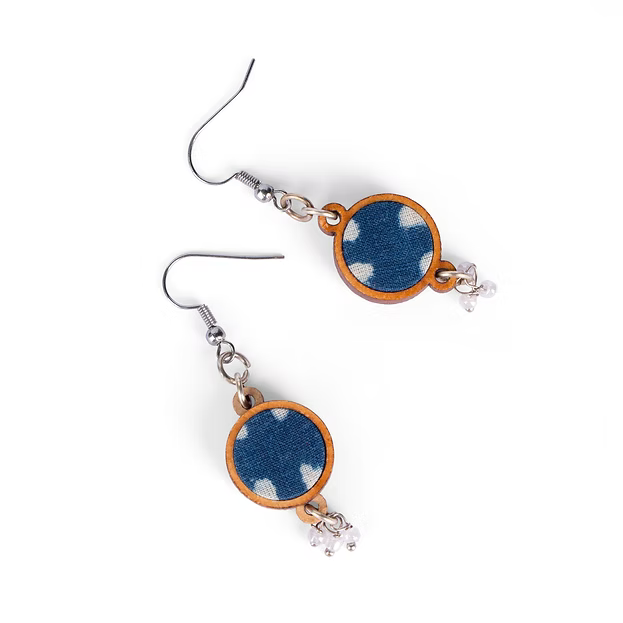 WHE Indigo Blue Fabric and Repurposed Wood Danglers