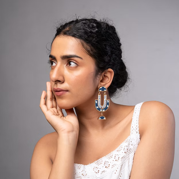 WHE Indigo Blue Repurposed Fabric and Wood Statement Earrings
