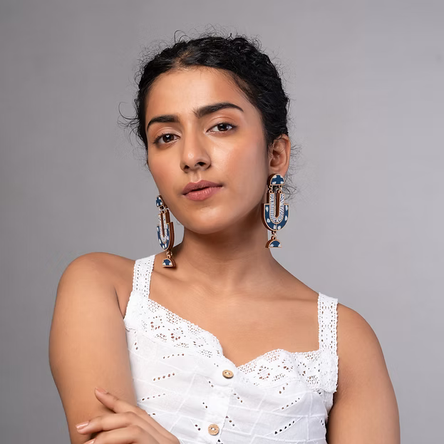 WHE Indigo Blue Repurposed Fabric and Wood Statement Earrings