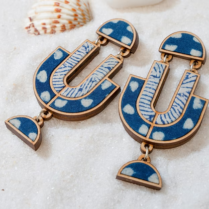 WHE Indigo Blue Repurposed Fabric and Wood Statement Earrings