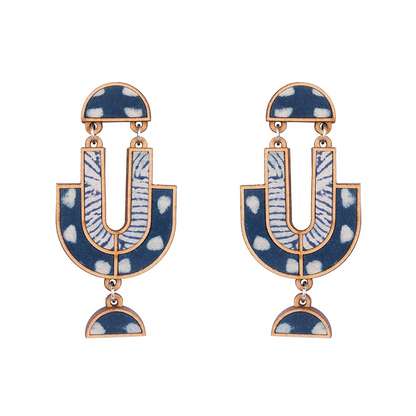 WHE Indigo Blue Repurposed Fabric and Wood Statement Earrings