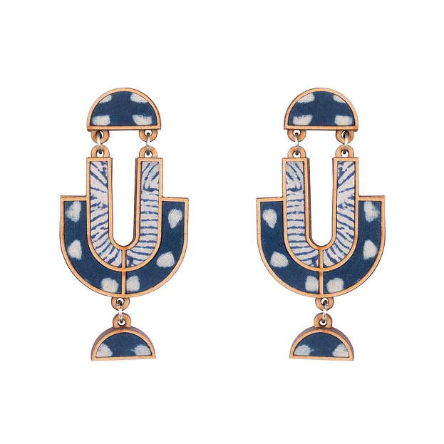 WHE Indigo Blue Repurposed Fabric and Wood Statement Earrings