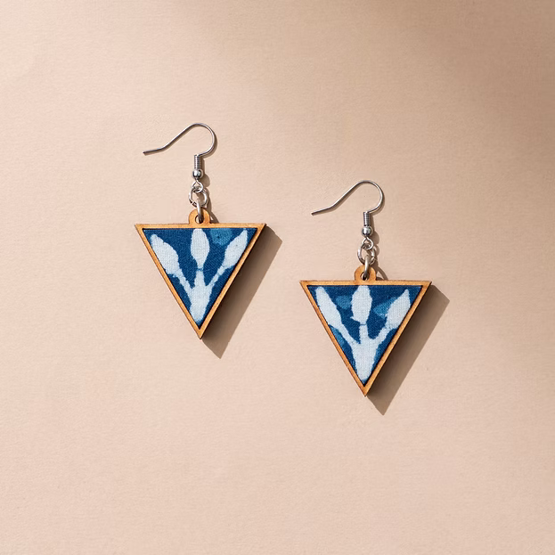 WHE Indigo Upcycled Fabric and Repurposed Wood Triangular Earrings