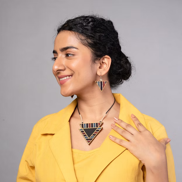 WHE Multicolor Ajrakh Repurposed Fabric and Wood Triangular Dangler