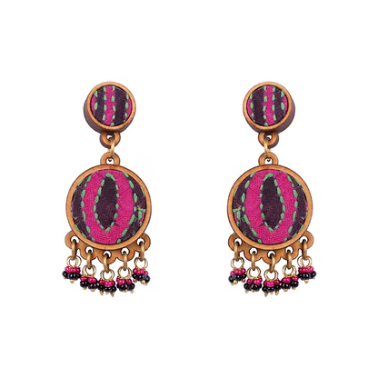 WHE Multicolor Kantha Silk Fabric and Repurposed Wood Earrings