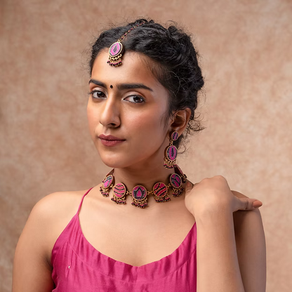 WHE Multicolor Kantha Silk Fabric and Repurposed Wood Necklace