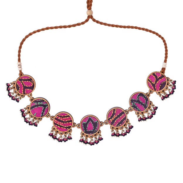 WHE Multicolor Kantha Silk Fabric and Repurposed Wood Necklace