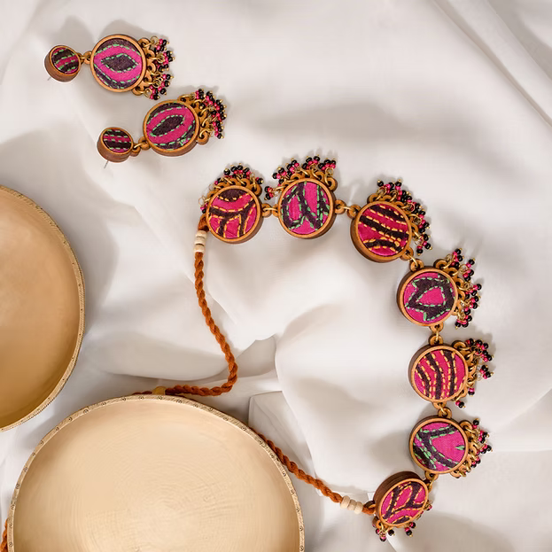 WHE Multicolor Kantha Silk Fabric and Repurposed Wood Necklace