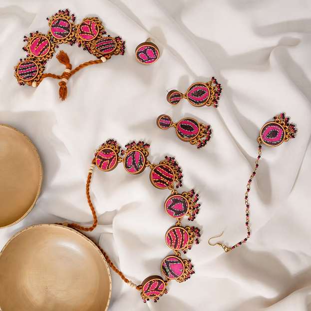 WHE Multicolor Kantha Silk Fabric and Repurposed Wood Necklace