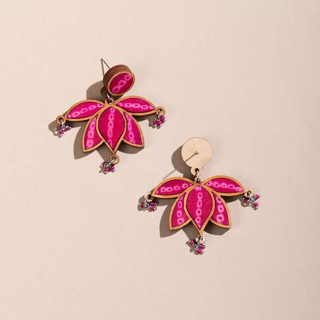 WHE Pink Pure Georgette Bandhani Upcycled Fabric and Repurposed Wood Statement L