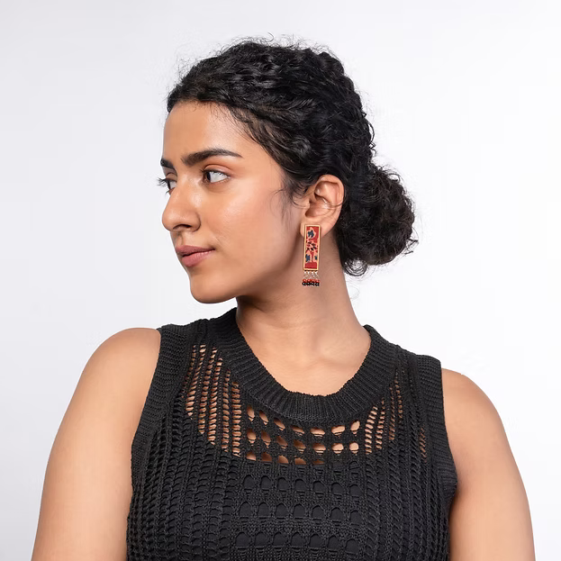 WHE Red Ajrakh Repurposed Fabric and Wood Studs with Beads