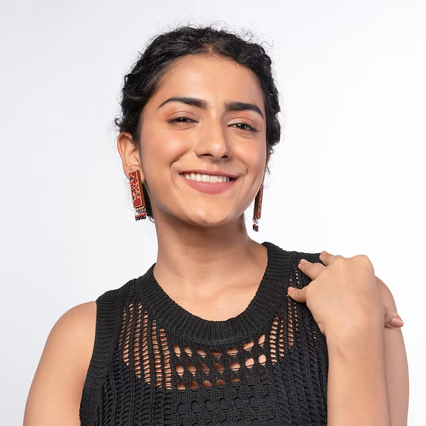 WHE Red Ajrakh Repurposed Fabric and Wood Studs with Beads