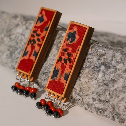 WHE Red Ajrakh Repurposed Fabric and Wood Studs with Beads