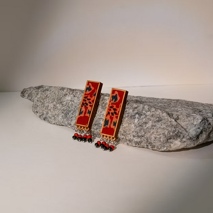 WHE Red Ajrakh Repurposed Fabric and Wood Studs with Beads