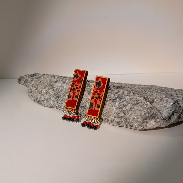 WHE Red Ajrakh Repurposed Fabric and Wood Studs with Beads
