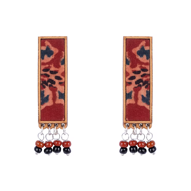 WHE Red Ajrakh Repurposed Fabric and Wood Studs with Beads