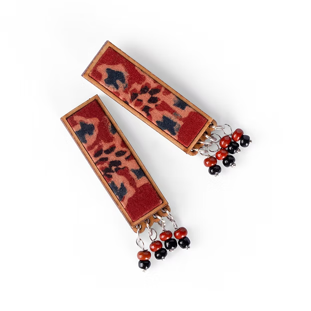 WHE Red Ajrakh Repurposed Fabric and Wood Studs with Beads