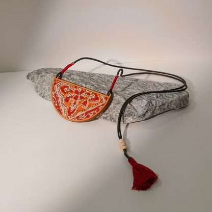 WHE Red Repurposed Kalamkari Fabric and Repurposed Wood Pendant