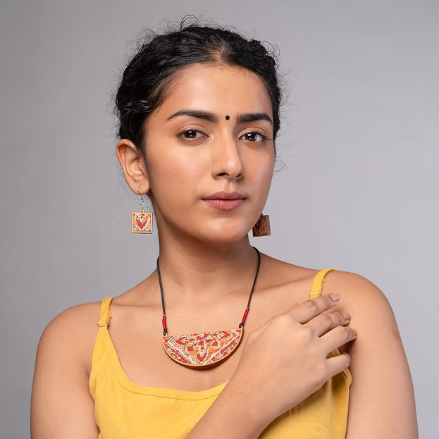 WHE Red Repurposed Kalamkari Fabric and Repurposed Wood Pendant