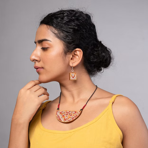 WHE Red Repurposed Kalamkari Fabric and Repurposed Wood Pendant