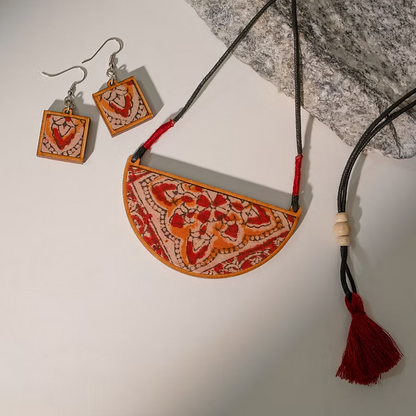 WHE Red Repurposed Kalamkari Fabric and Repurposed Wood Pendant