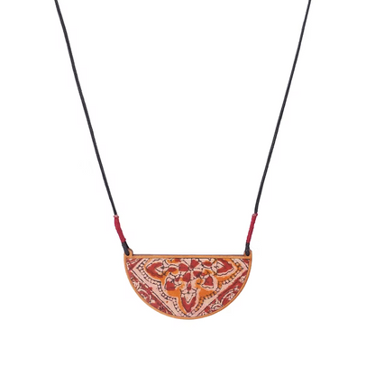 WHE Red Repurposed Kalamkari Fabric and Repurposed Wood Pendant