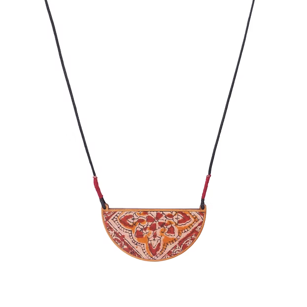 WHE Red Repurposed Kalamkari Fabric and Repurposed Wood Pendant