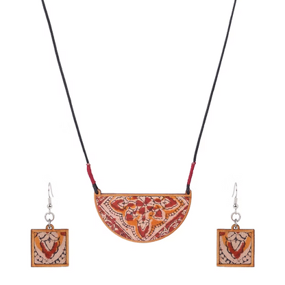 WHE Red Repurposed Kalamkari Fabric and Repurposed Wood Pendant