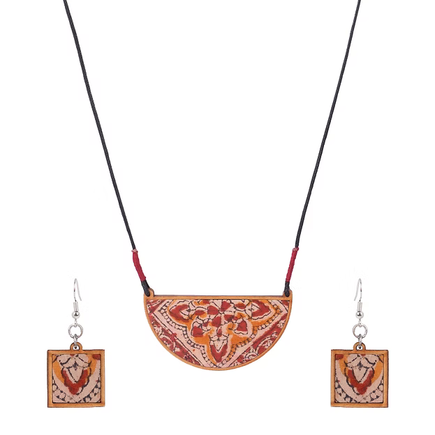 WHE Red Repurposed Kalamkari Fabric and Repurposed Wood Pendant