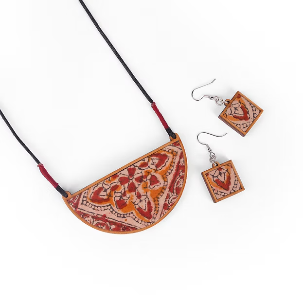 WHE Red Repurposed Kalamkari Fabric and Repurposed Wood Pendant